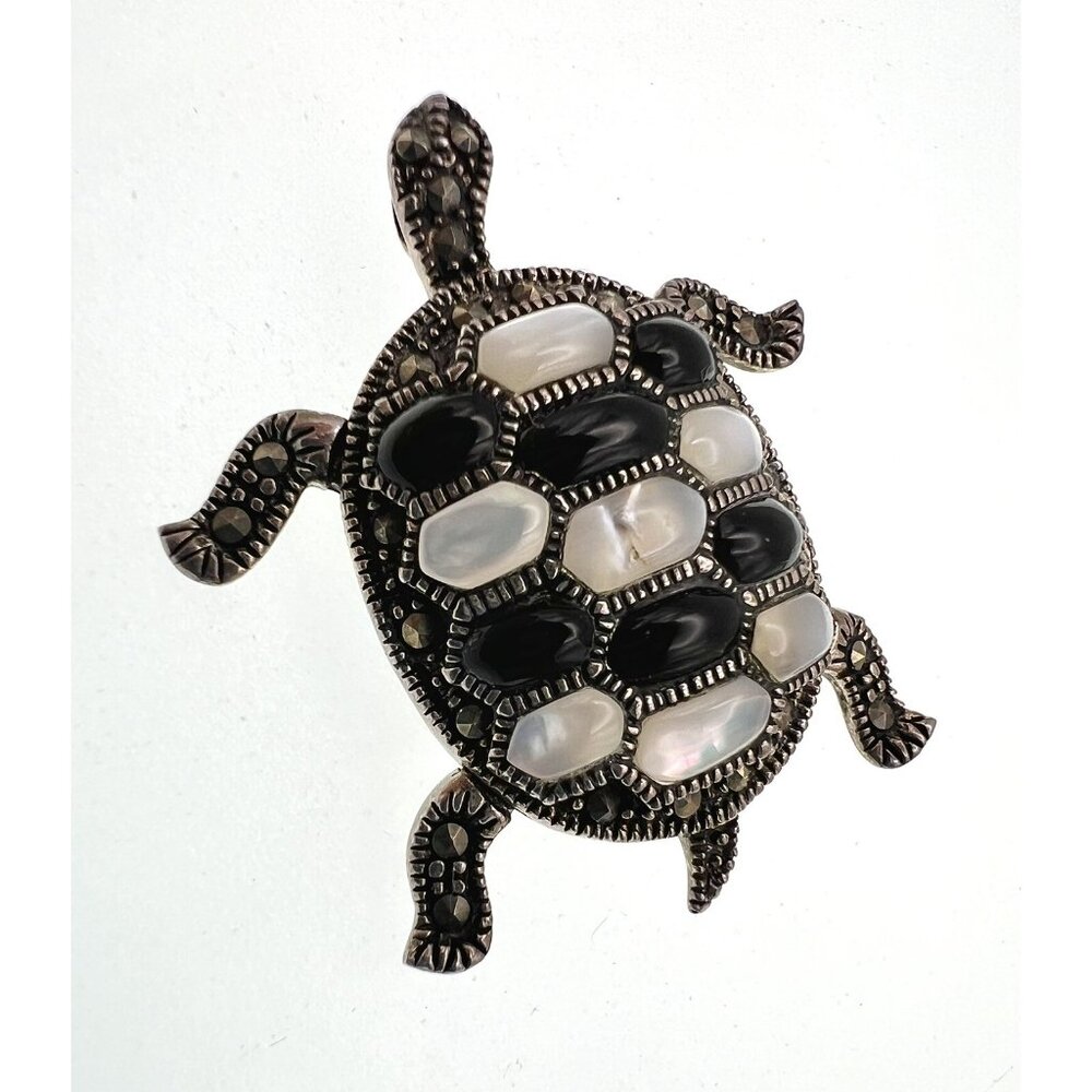 Sterling Silver MOP Black Onyx Marcasite Articulate Turtle Brooch Pin